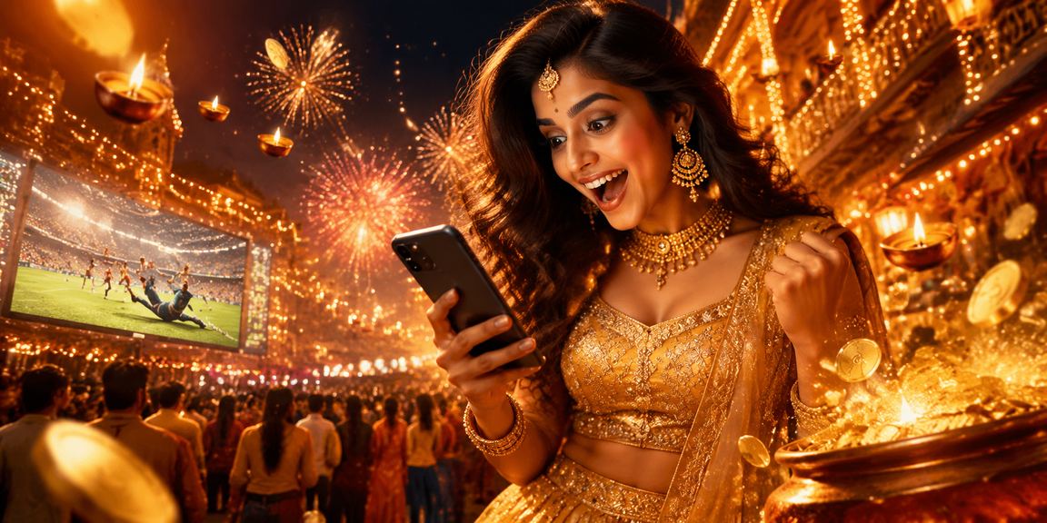 A vibrant scene showing mobile betting with Indian cultural elements