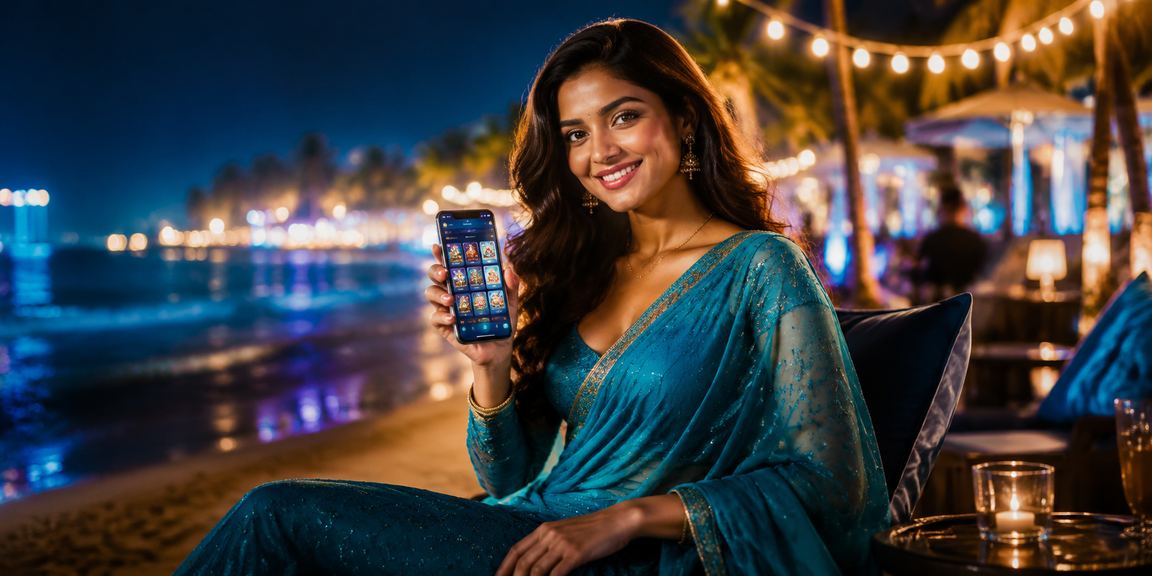 Indian woman using mobile betting app with casino background