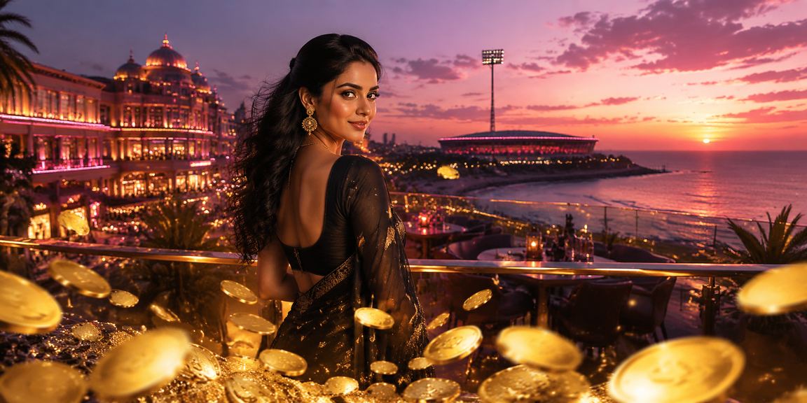 Neon-lit Jaipur cityscape with cricket and betting themes
