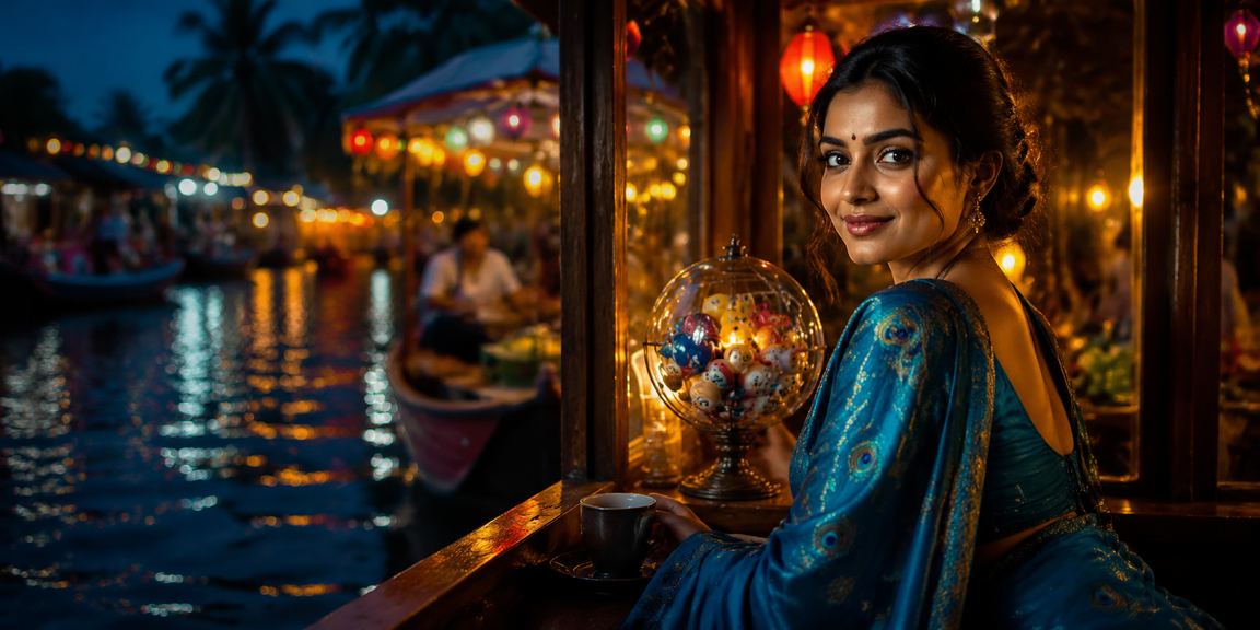 Beautiful Kerala backwaters with lottery tickets and traditional dress